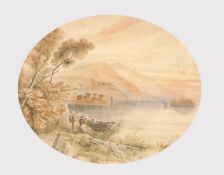 English School, mid-19th Century, figures by a boat on a mountain lake, watercolour, 8