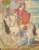 Medieval School, A knight on horseback with an attendant groom, watercolour/ gouache on vellum, 5