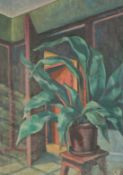 Circle of John Nash, Interior still life with a plant in a pot, oil on canvas board, signed with