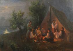 20th Century Continental School, a gypsy encampment at night with a moon rising over a lake, oil