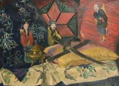 Louis Tounux? An interior Chinese scene with figures and sword, oil on canvas, signed, 21.5