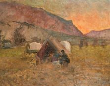Anshelm Schultzberg (1862-1945) Swedish, Wagons and an encampment in Colorado at dusk, circa 1904,