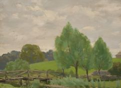 Perry W. Willats, (20th Century) Green trees in a landscape with a bridge over the river, oil on