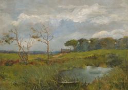 19th Century English School, a young maiden on a pathway by farm buildings, oil on canvas, 11