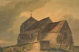 Circle of William Payne, A medieval English church beneath a dark sky, watercolour, 7.75