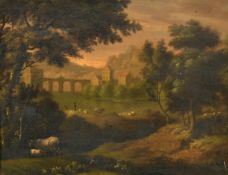 Early 19th Century Continental school, a shepherd on a lake shore with buildings beyond, oil on