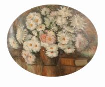 20th Century Continental School, Still life of Daisies in a vase, indistinctly signed, oval, 26