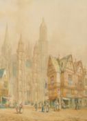 H. Schafer (1854-1915), 'Evreux, Normandy' figures on a busy city street, watercolour, signed and