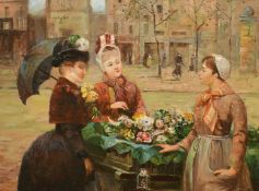 C. Tios (20th Century), figures by a flower stall, oil on panel, 12