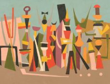 20th Century School, a composition of abstract figures, oil on board, inscribed 'Musicant' verso,