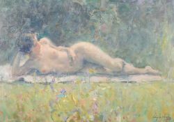Ricardo Cejudo Nogales (b.1952) Spanish, 'Desnudo Sobre la Hierbe', a recumbent female nude, oil