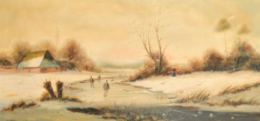 M. Trolaski (late 20th Century), Winter scene with figures skating on a frozen river, oil on canvas,