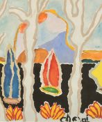 Attributed to Malcolm de Chazal (1902-1981) Mauritius, a view of sailboats through trees,