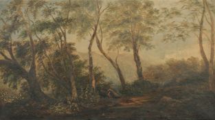 19th Century, 'Near the Black Pool' Landscape with trees and figure seated by a shelter, oil on