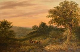 James Price (19th Century) English School, drovers and horses on a country path at Dusk, oil on