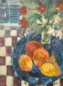 20th Century School, A still life study of fruit and flowers with a harbour through the window,