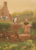 19th Century English School, figures conversing by a river, watercolour, initialled M.H., 14