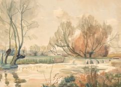 Attributed to Garrick Palmer, River landscape with a weir, watercolour, signed and dated '46, 10.75