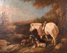 Circle of Morland, Grey pony with dogs and dead game in a landscape, oil on canvas, indistinctly