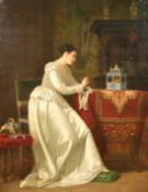 J. Berlin (19th /20th Century) Belgian, An elegant lady in a lavish interior gazing at a caged bird,