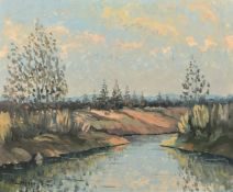 20th Century Scandinavian School, River landscape, oil on board, indistinctly signed, 18.5