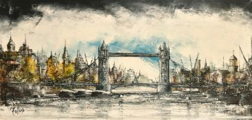 Ron Folland (1932-1999) British, 'Thames at Tower Bridge', oil on canvas, signed, label verso, 20