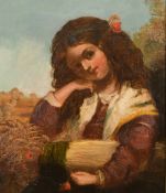 19th Century English School, a young maiden resting from the harvest, oil on canvas, 14