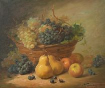 19th Century French School, a still life of pears and apples with grapes in a bowl,Oil on canvas,