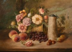 19th Century School, a still life of fruit and flowers and antique vessels, oil on canvas,