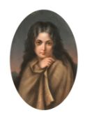 19th Century German School, A young girl with long hair, painted porcelain oval plaque, 11.5