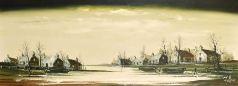 Ron Folland (1932-1999) British, Houses along the river with moored boats, oil on canvas, 17.75