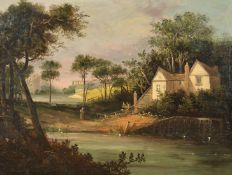 19th Century, House by a pond with figure and with church ruins beyond, oil on panel, 15