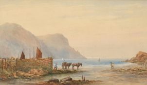 19th Century English School, figures and a horse and cart on a bay with a rocky headland beyond, 8.