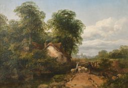 19th Century English School, figures and sheep by a cottage gate with open fields and a church