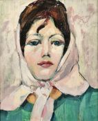 20th Century, Portrait of a lady wearing a pink scarf, oil on board, 12