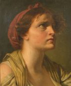 19th Century, Head study of a female figure looking up, oil on canvas, 16.25