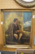 A seated male figure with a coat draped upon his shoulders, oil on board.