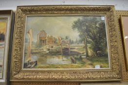 A continental rural scene with a pond, a donkey under a tree, oil on canvas in a decorative gilt