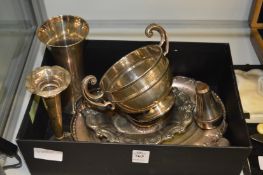 A silver twin handled cup, two silver vases and various plated wares.