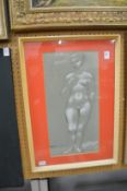 A standing female nude, pencil and chalk drawing, signed.