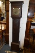 An 18th century oak thirty hour long case clock with 9.25 inch dial, signed Budgen, Croydon.
