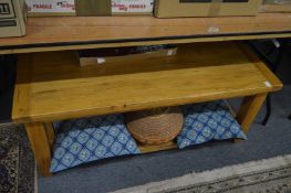 A modern oak coffee table, a similar lamp table and a two drawer chest.