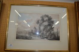 Figures and Cattle by a Watermill watercolour.