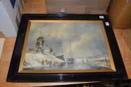 Dutch winter river landscape with windmills, figures and boats, oil on canvas.