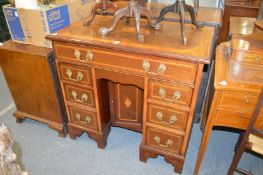 A good Sheraton revival inlaid mahogany kneehole pedestal desk.