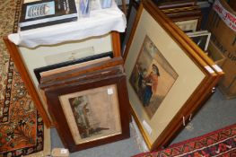 A pair of watercolours depicting street scenes with figures, together with a landscape.