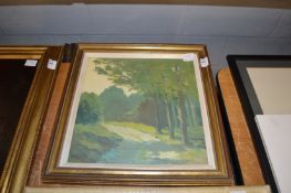 A rural path with trees, oil on board.