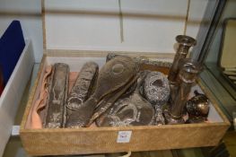 A quantity of small silver ware to include a pair of candlesticks, dressing table items etc.