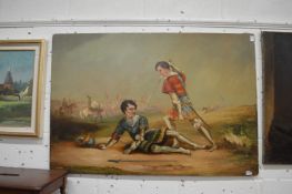 A battle scene with figures in armour, oil on canvas, unframed.