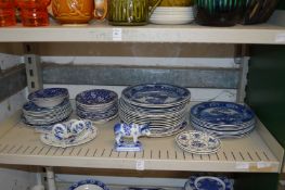 A large quantity of blue and white china to include Wedgwood Fallow Deer plates.